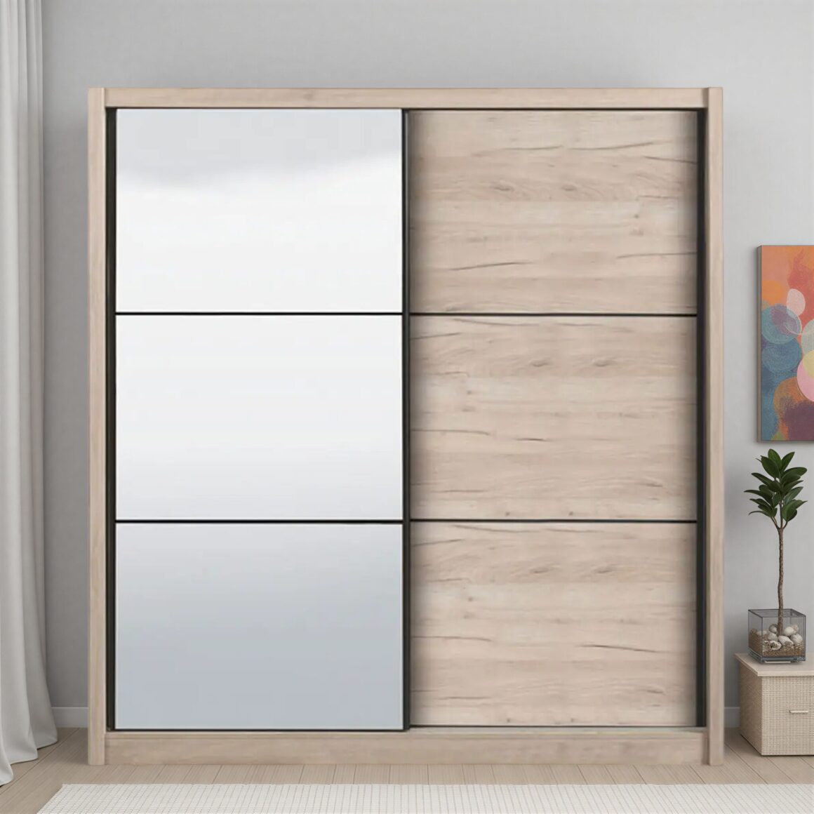 NAVARA Grey Oak Effect Wardrobe with Mirror