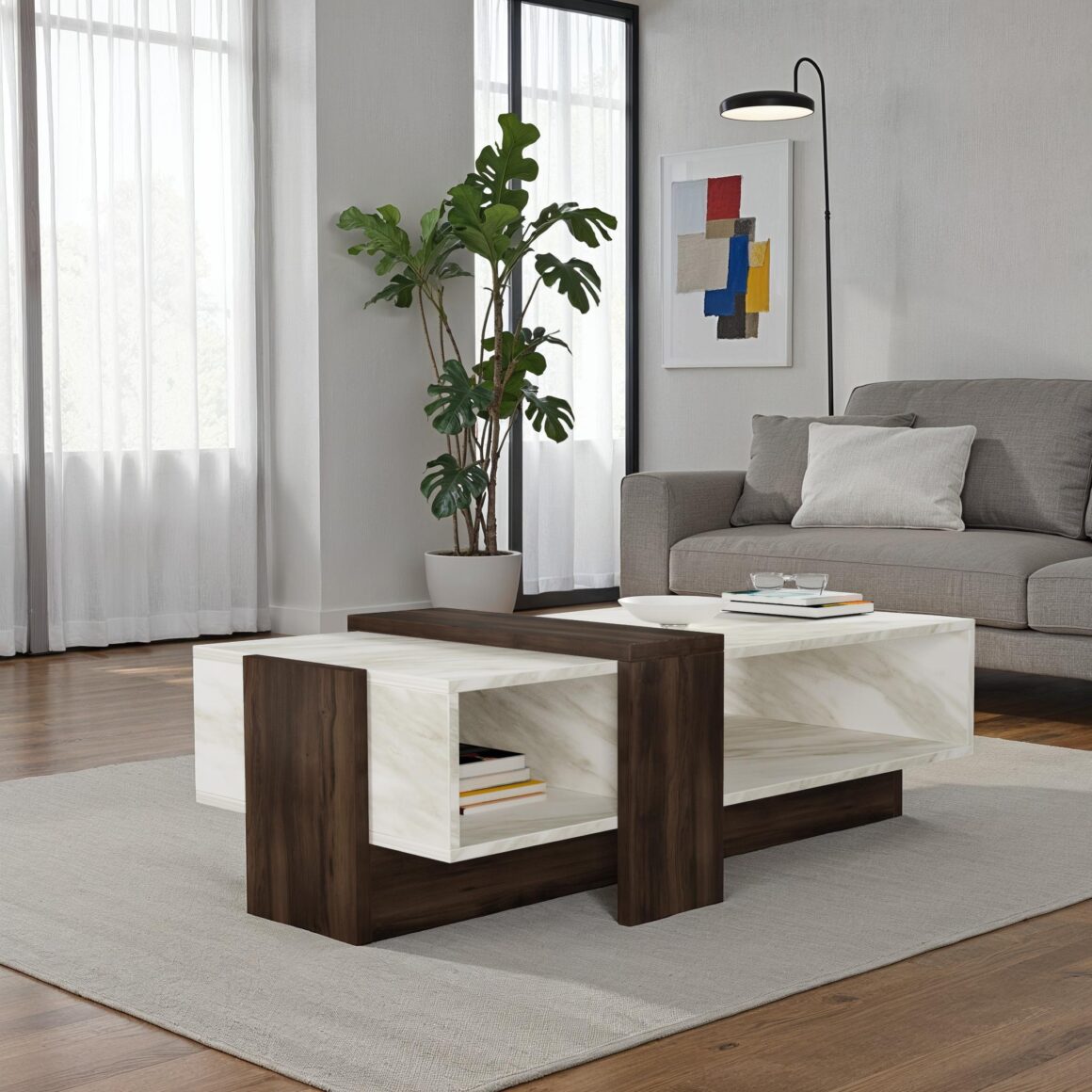 LILIANA Walnut White Marble Coffee Table