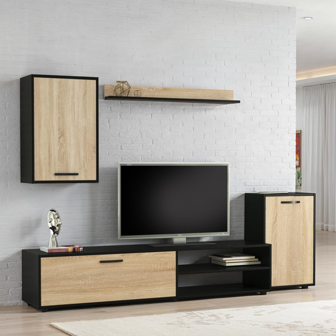 MARAYA Black & Wood Effect Wall Unit