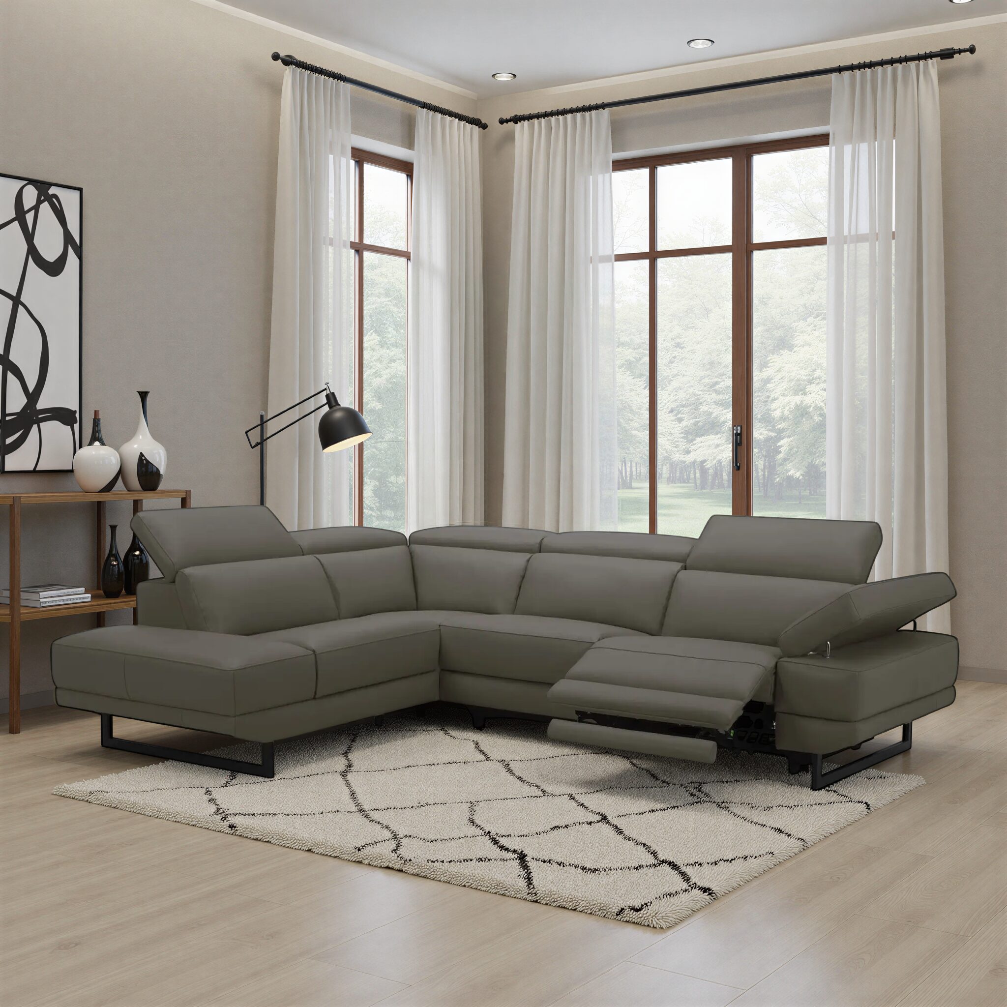 TAKONI Dark Grey Leather Corner Recliner Sofa