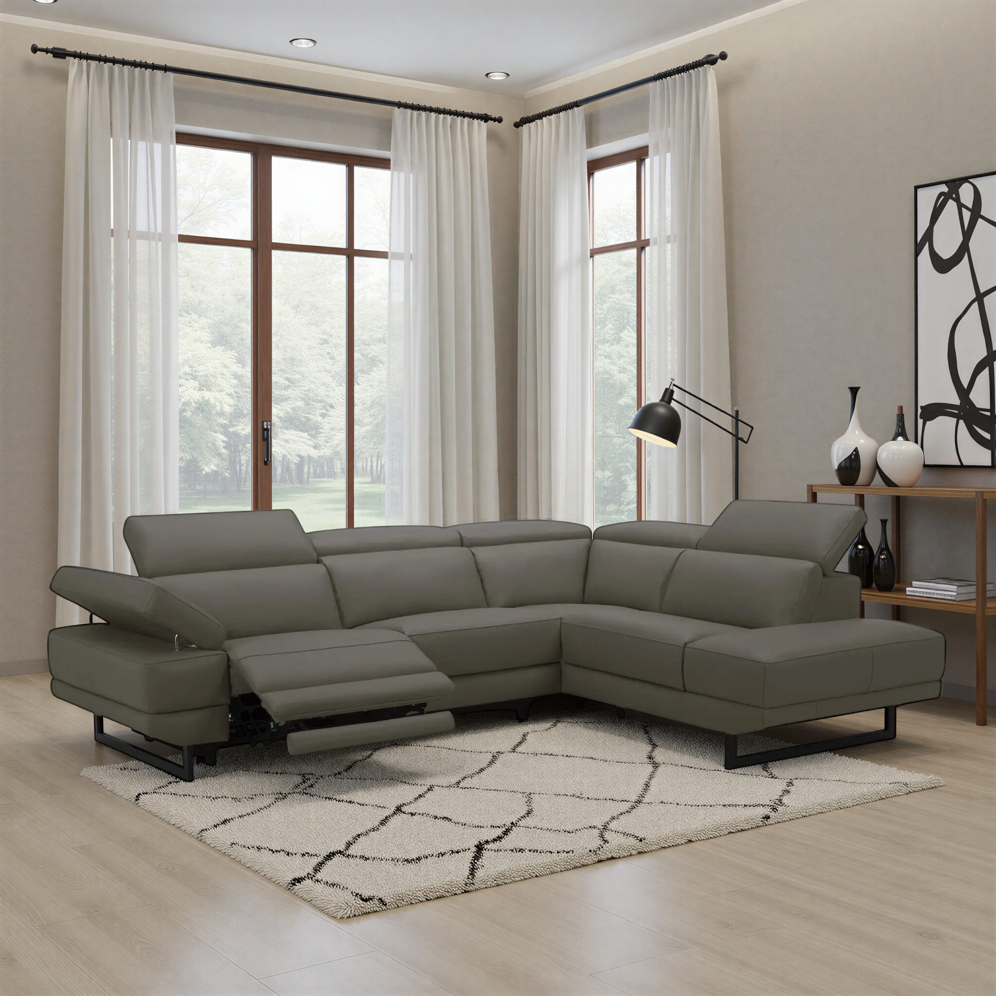 TAKONI Dark Grey Leather Corner Recliner Sofa