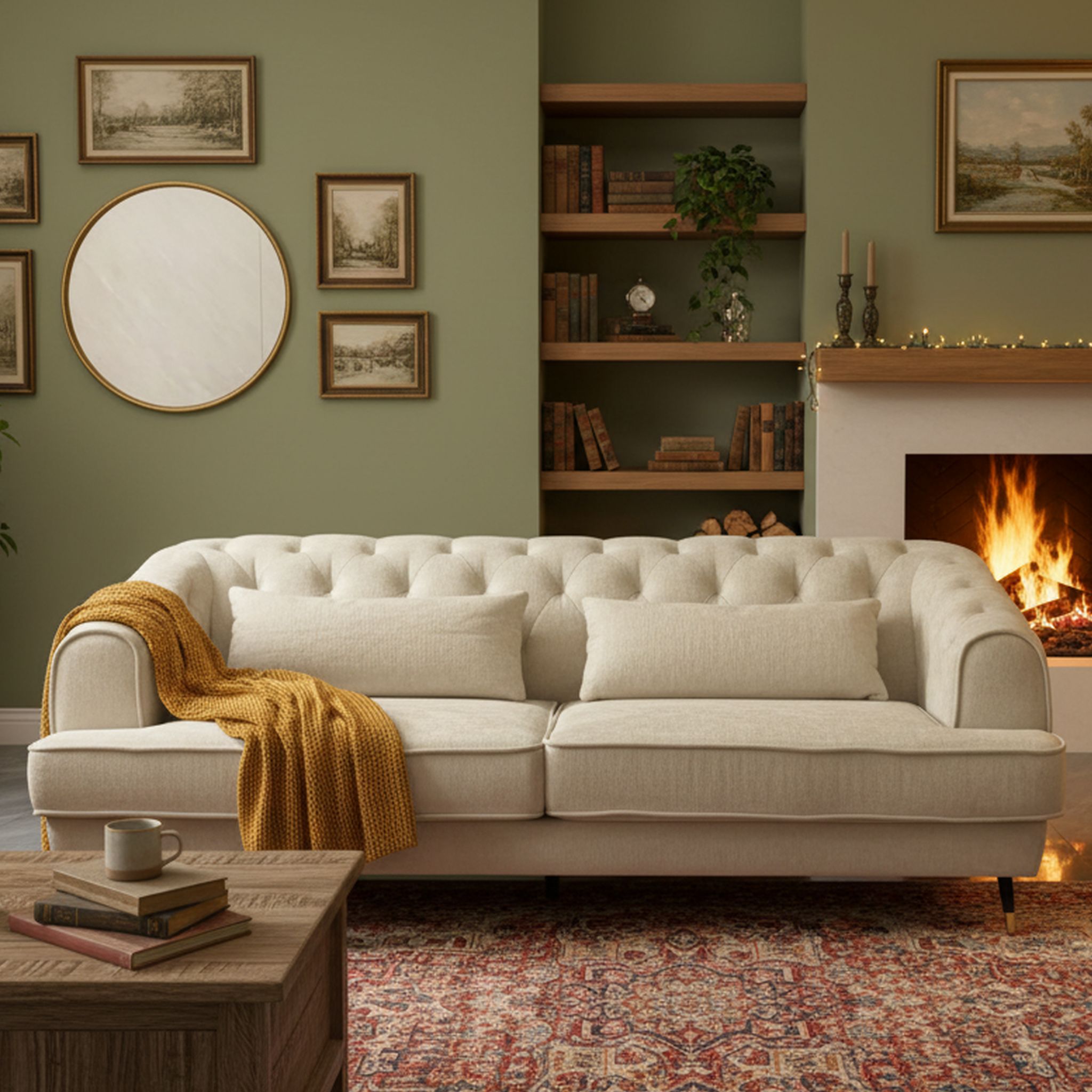 FORCUS Beige Fabric Sofa with Tufted Backrest