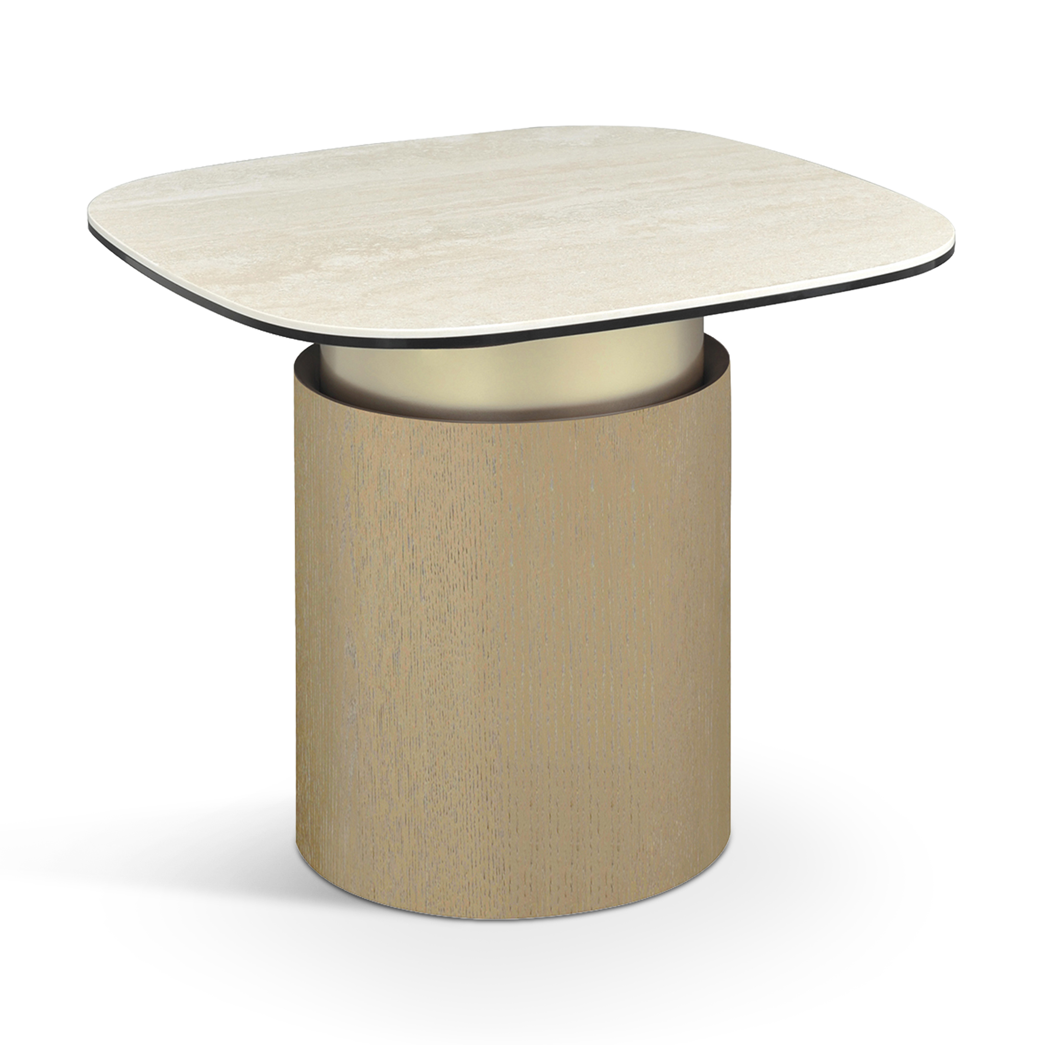 ZIMMER Travertine-Top Side Table with Gold & Taupe Oak Finish