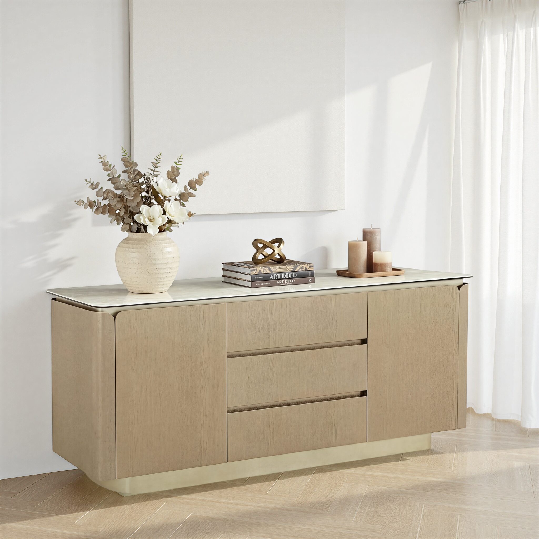 ZIMMER Travertine-Top Buffet with Gold & Taupe Oak Finish