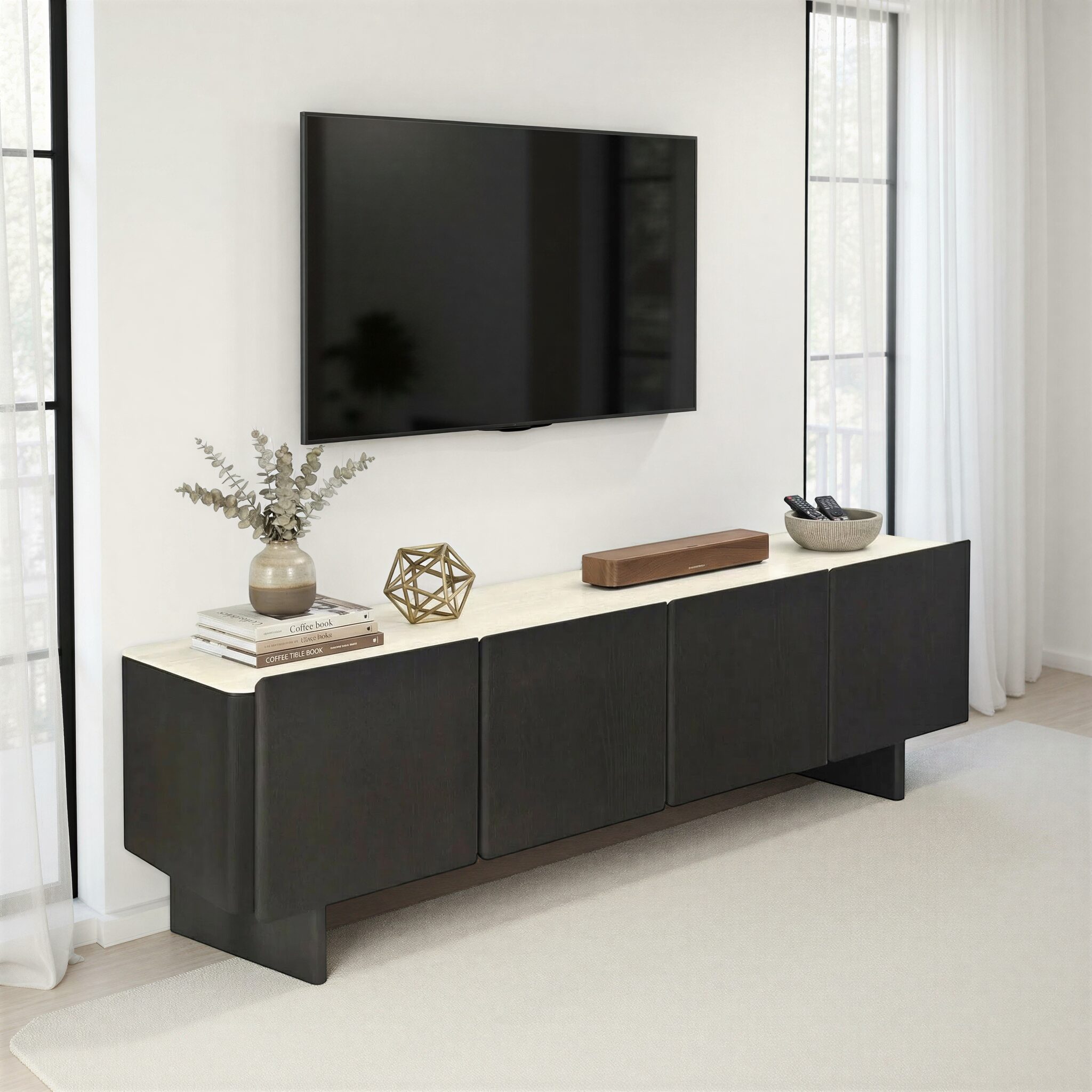 BRUNELLI Travertine-Top TV Stand with Brown Oak Finish