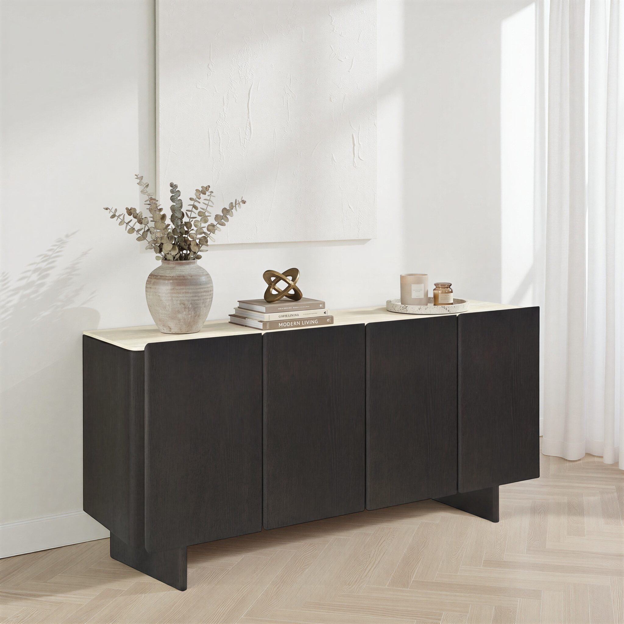 BRUNELLI Travertine-Top Buffet with Brown Oak Finish