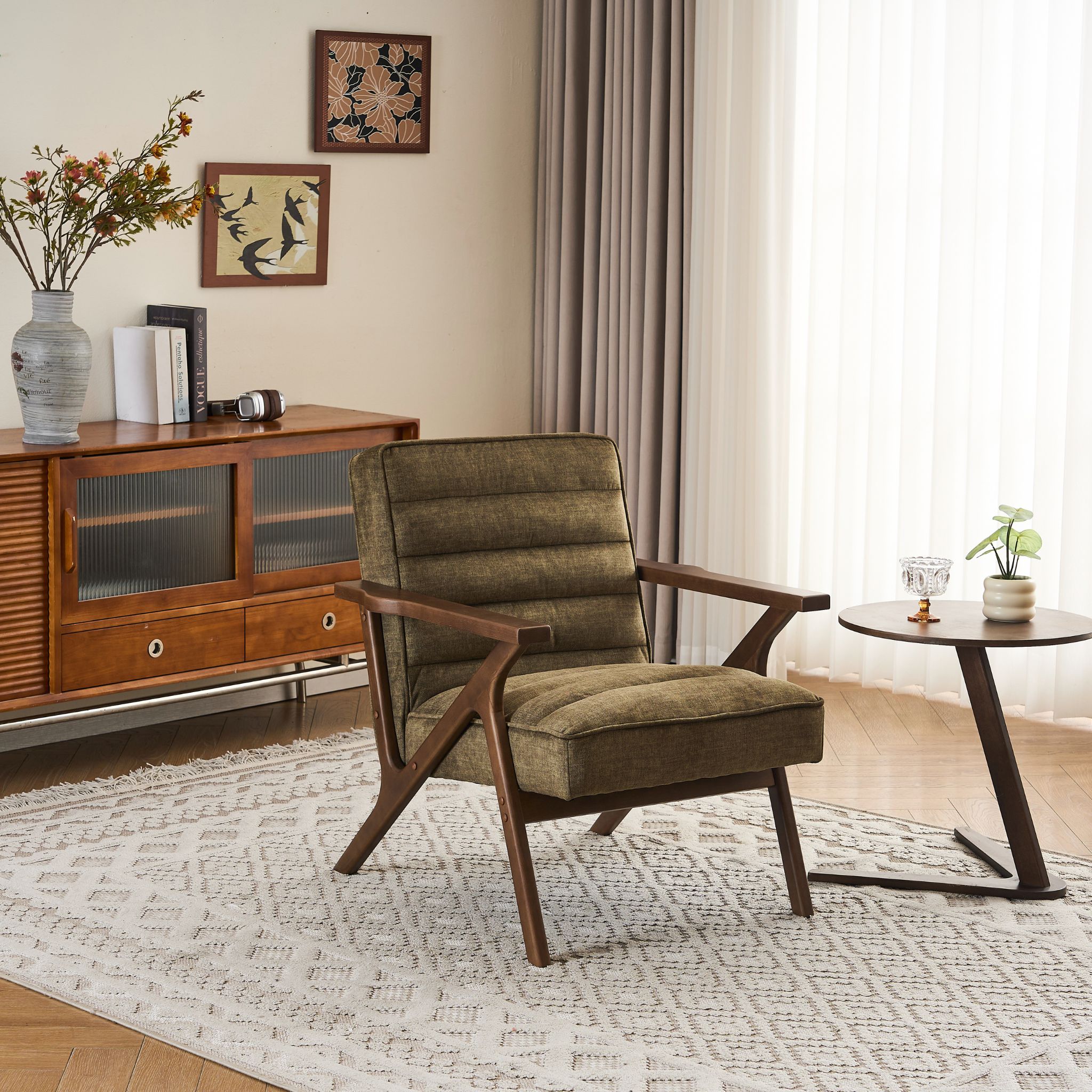 OLDE Armchair Olive Green with Walnut Legs