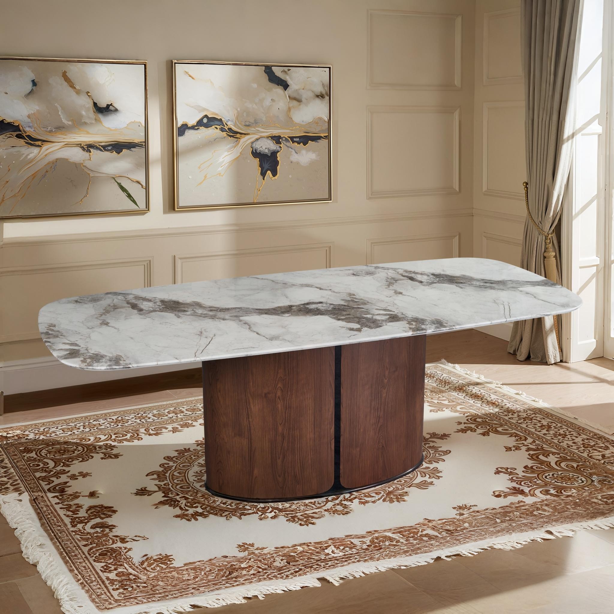 YUMMBER Dining Table White Marble & Walnut