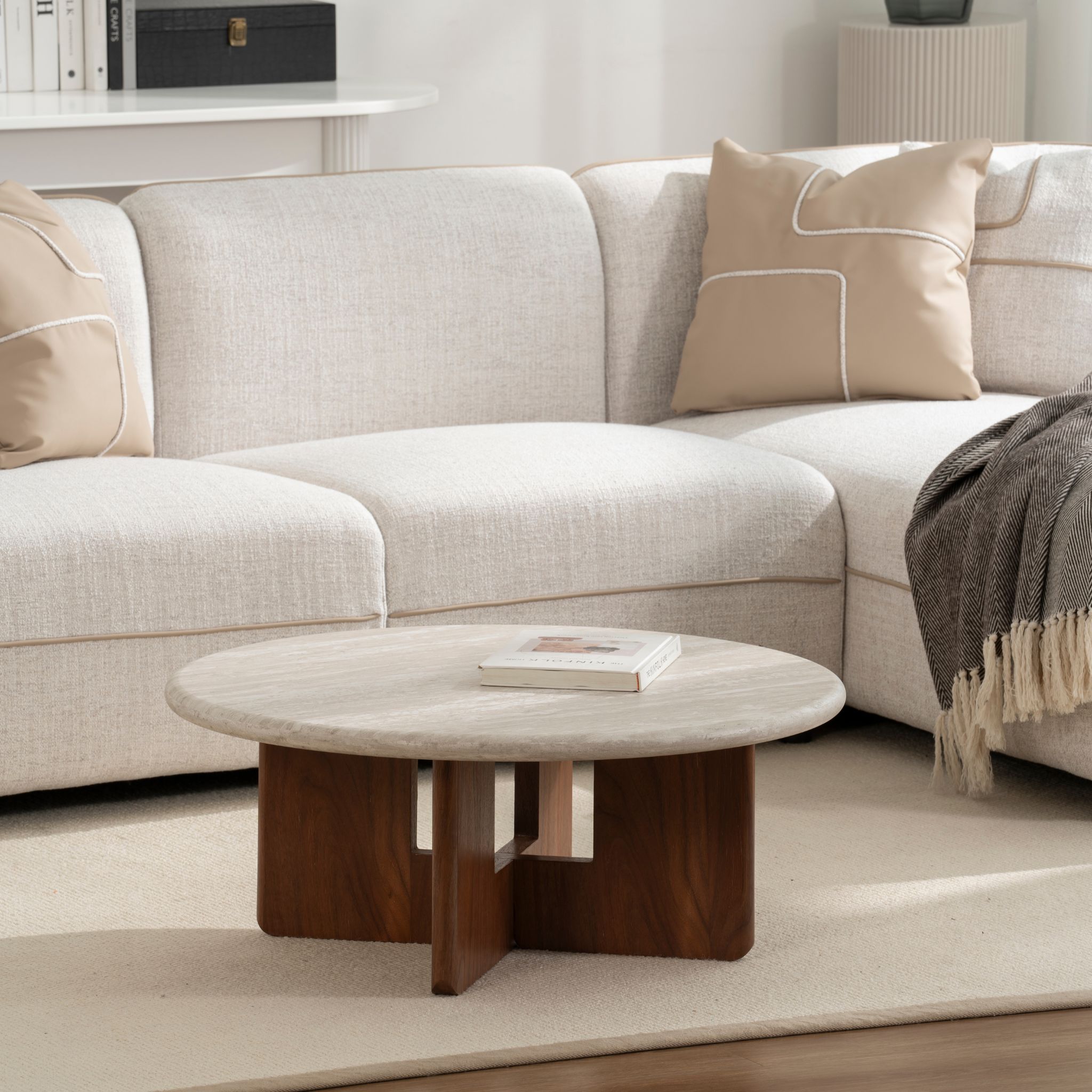 BRICANO Coffee Table Beige Travertine with Walnut Base