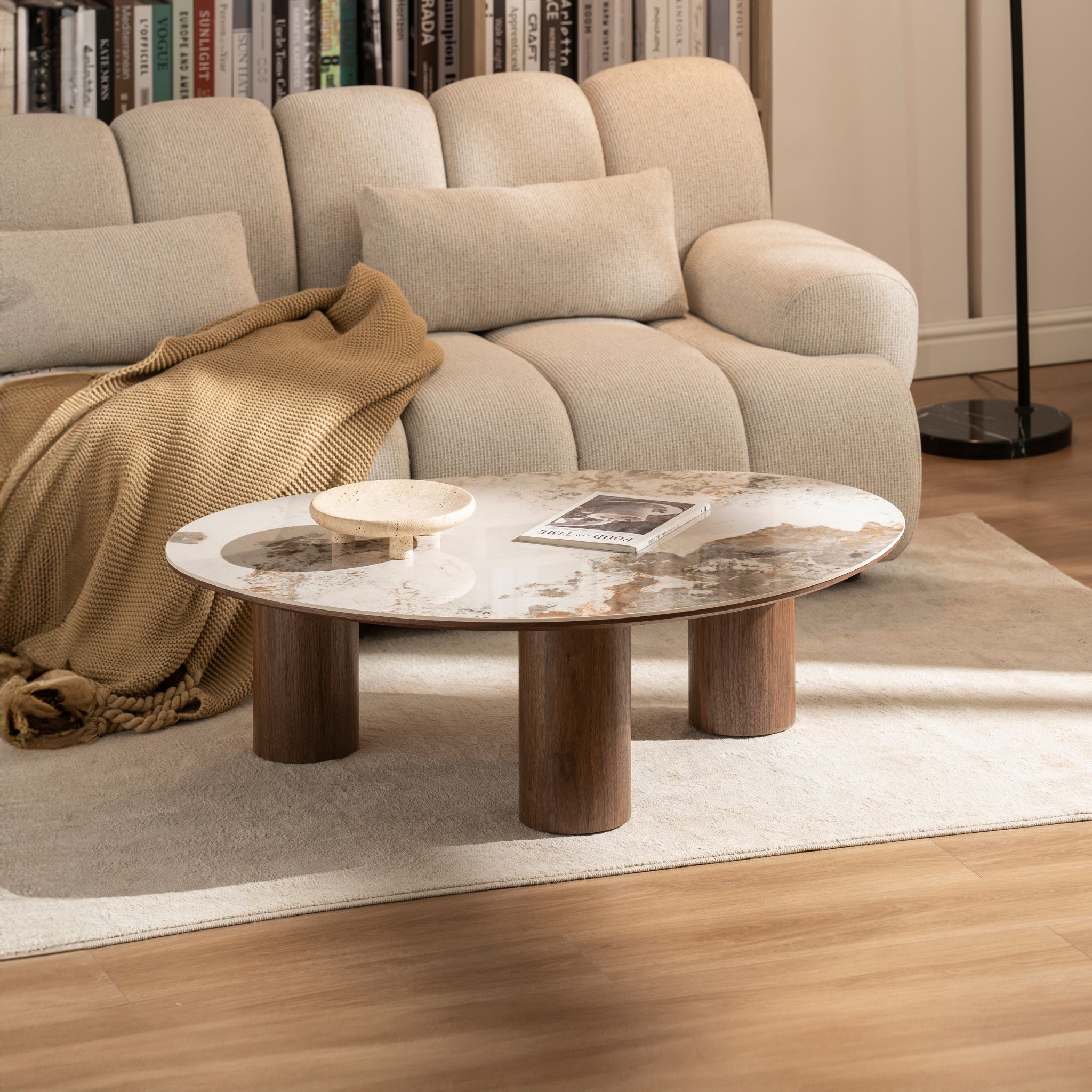 BRAZILENA Coffee Table White-Grey Marble with Walnut Base