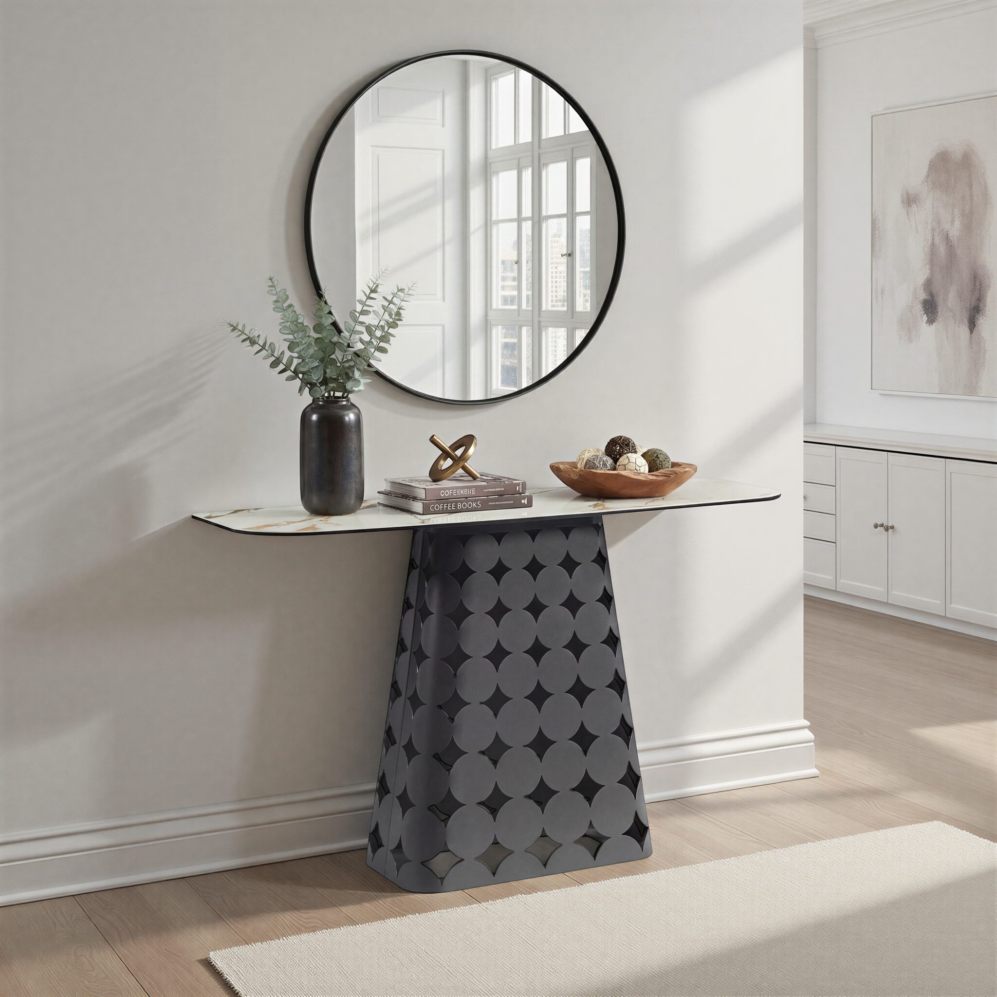HAFFLER Console White Marble Top & Dark Grey